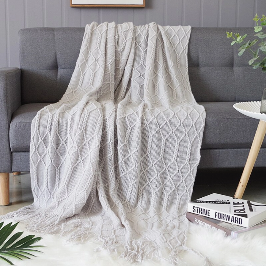 Rhombus Diamond Knit 50x60 Inch Throw Blanket - Ivory