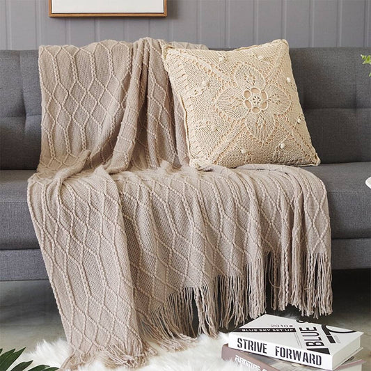 Rhombus Diamond Knit 50x60 Inch Throw Blanket - Khaki